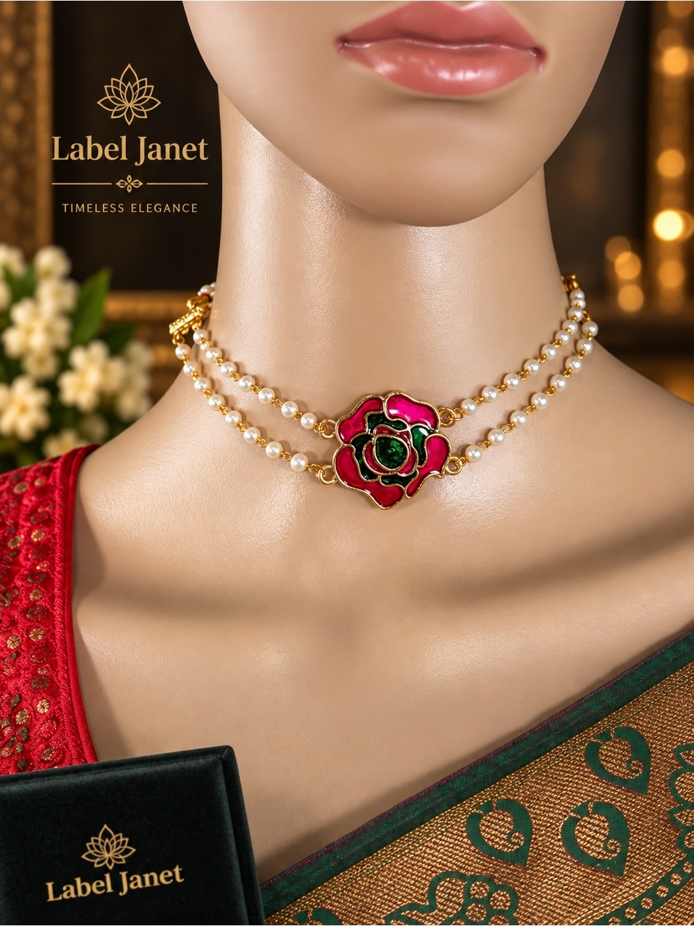 Red & Green Floral Pearl Necklace and Earrings Set